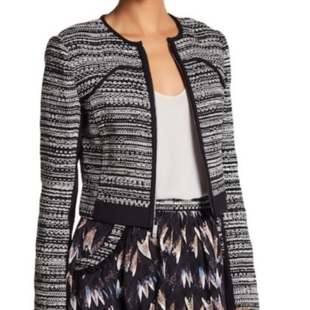 DVF Women's Caity Tweed Jacket Cropped Zip Collarless Luxury 8